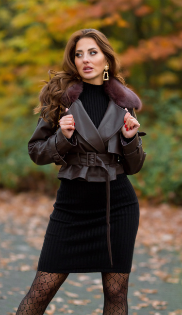 faux leather winter jacket with belt Brown